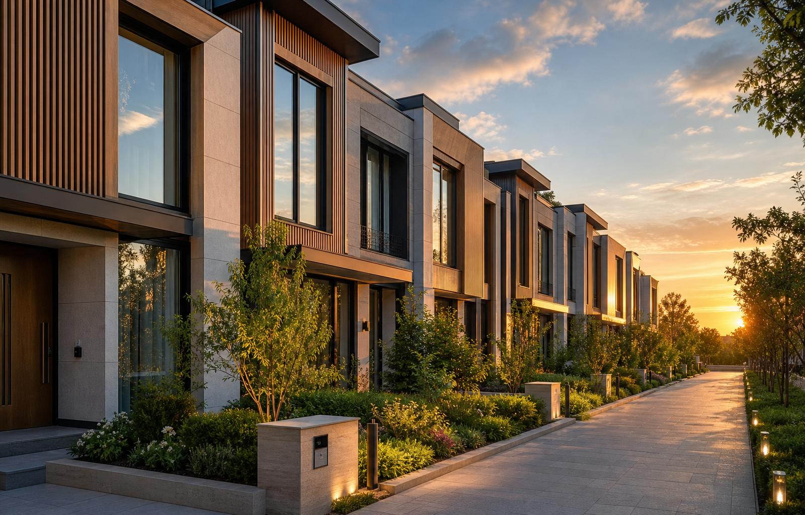 Fachada de adosados premium con jardín privado, madera natural y grandes ventanales