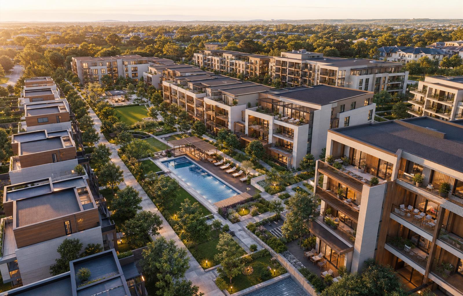 Vista aérea de la promoción residencial con zonas verdes, piscina y viviendas premium